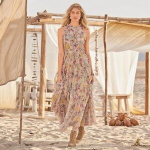 Maxi Let Me Be Jenny Dress S Floral Tiered Ruffled Mesh Sleeveless Fairy Cottage